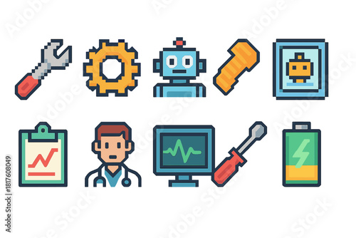 Technology and robotics icon set. Vibrant pixel art icons collection.