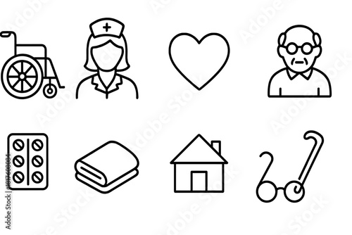 Healthcare and elderly care icon set. Medical, nursing, home care icons outline collection.