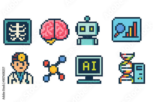 Healthcare and ai pixel icon set. Medical technology outline icons collection