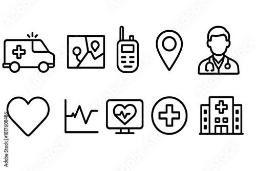 Health and medical line icon set. Hospital, emergency, healthcare icons in linear style