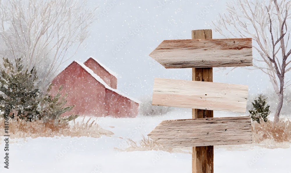 Naklejka premium Rustic winter signpost, watercolor scene, four weathered wooden arrow signs stacked vertically on a single post, each plank blank for custom family names