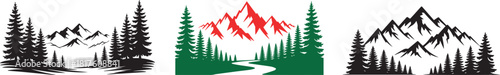 Three mountain scene illustrations with trees and nature elements in a row