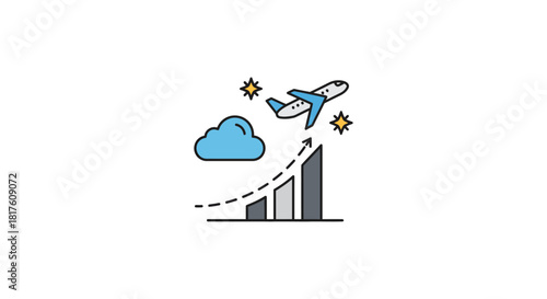 Airline industry growth soaring high an airplane flying over a rising graph against a sky background symbolizing travel rebound and economic recovery.