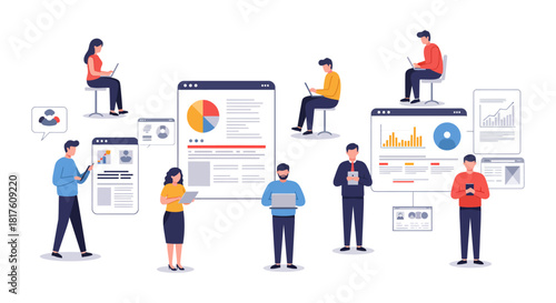 Business team analyzing data on multiple devices reviewing charts and graphs for strategic planning in a modern office ideal for corporate presentations