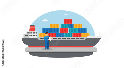 cargo ship inspection worker checking freight containers at dock logistics transport for global trade illustrating export import business worldwide