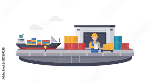 cargo transportation a worker checks containers near a ship at a port warehouse ideal for illustrating shipping logistics and global trade concepts.