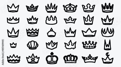 Collection of Hand Drawn Crown Illustrations in Various Styles and Shapes