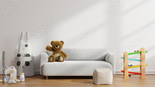 Kids playroom with sofa and teddy bear- 3D rendering