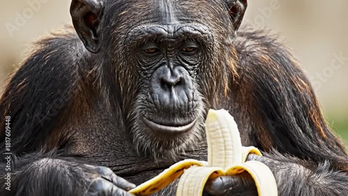 Close up of a chimpanzee eating a ripe banana in its natural habitat.