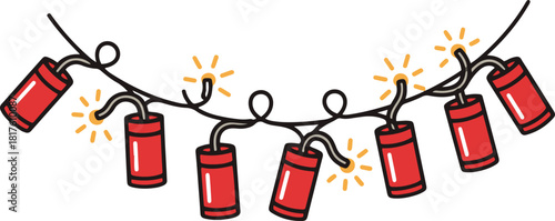 Flat vector illustration of a hanging string of red firecrackers with sparking fuses, symbolizing celebration and festivity for Lunar New Year and Spring Festival decorations.