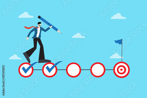 Business progress and goal achievement illustration showing a confident businessman walking on completed milestones toward a final target. 