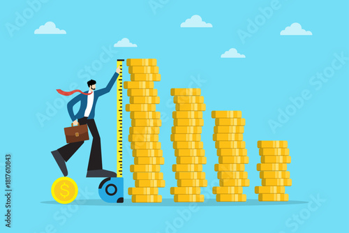 Financial analysis and revenue measurement illustration of businessman using tape measure to track increasing profit stacks.