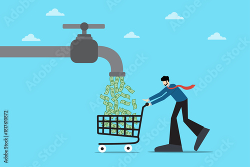 The inflow of money from investments and passive income is depicted by a shopping cart receiving money from a giant faucet as a symbol of financial freedom and business opportunities.