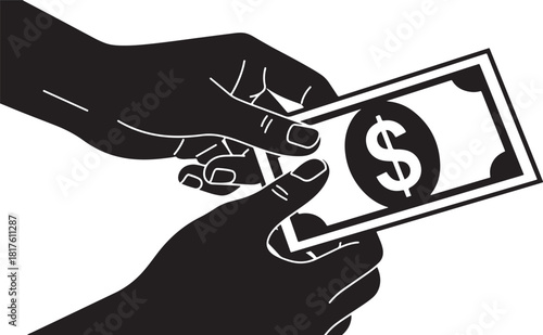 Hands exchanging a dollar bill with a dollar sign money exchange