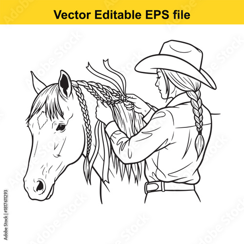 Cowgirl braiding horse mane, vector illustration, western lifestyle, equestrian care, farm animal, rural scene, country life, ranch, detailed line art, isolated on