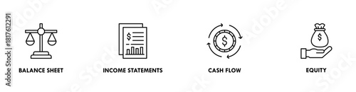 Financial statements banner web icon vector illustration concept with icon of graph, balance sheet, pie chart, income statements, money, calculator, income, earning, cash flow, equity, and balance