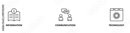 ICT banner web icon vector illustration concept for information and communications technology with icon of antenna, radio, network, website, database, cloud, server, data, electronic, and processor