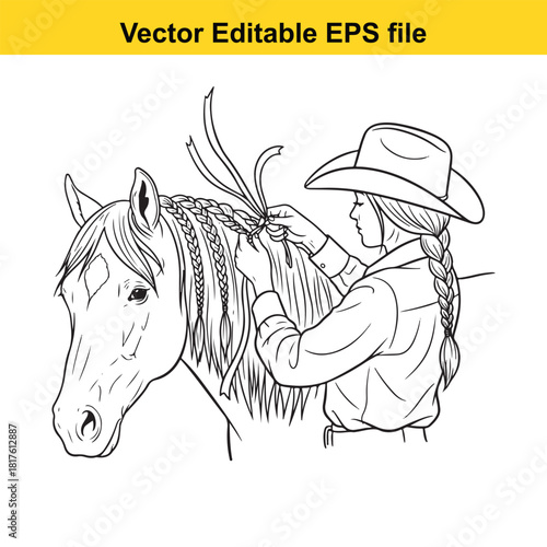Line art illustration of a person in a cowboy hat braiding a horses mane, editable eps vector file