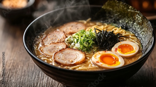 Craving a delicious bowl of ramen? Enjoy authentic Japanese noodle soup with pork, egg, seaweed, and scallions, steaming and ready to eat now