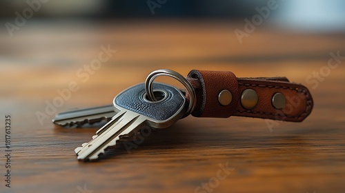Elegant keys with a leather keychain resting on a warm wooden surface, perfect for real estate, safety, or security concepts and lifestyle themes