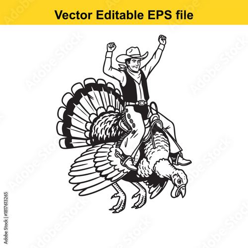 Cowboy riding a turkey, isolated on