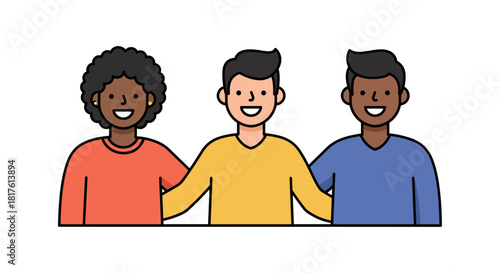 Diverse group embracing symbolizing unity set against a clean white backdrop ideal for illustrating teamwork and inclusive community outreach campaigns.