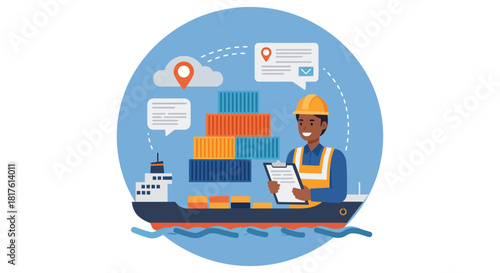 global logistics management with inspector on cargo ship holding clipboard tracking shipping containers for supply chain efficiency and optimization.