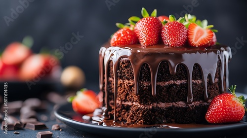 Indulge in a decadent chocolate cake topped with luscious chocolate ganache and fresh strawberries, a perfect treat for celebrations