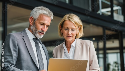 Middle-Aged Business Executive Leaders Managing Corporate Financial Project Results Together In Office Using Laptop Computer – Busy Professional Team.