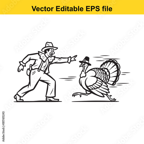 A cartoon illustration of a pilgrim chasing a turkey, isolated on