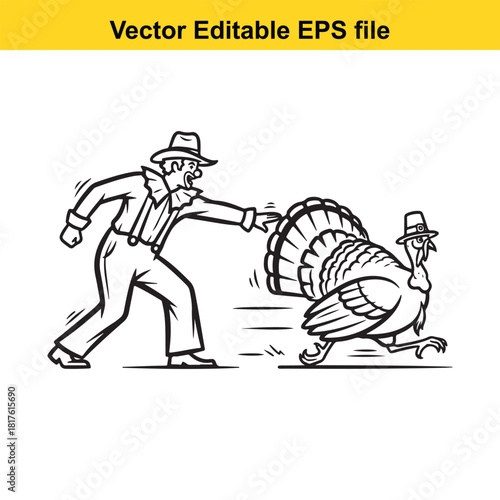 Cartoon cowboy chasing a turkey, vector illustration, isolated on