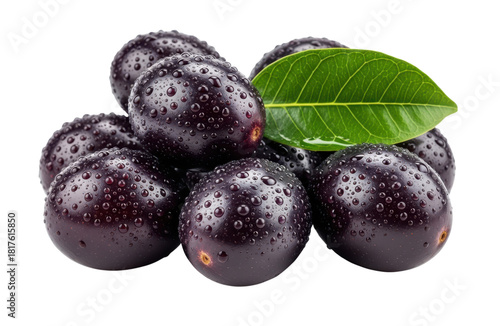 A small pile of fresh, dark purple java plums, also known as jamun or black plum, covered in tiny water droplets and garnished with a single vibrant green leaf, isolated on transparent background