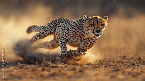 Stunning cheetah sprints across the savanna, leaving dust in its wake as golden light illuminates its sleek, powerful form on the African plains