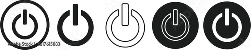 Power button icons five different vector style variations in black and white