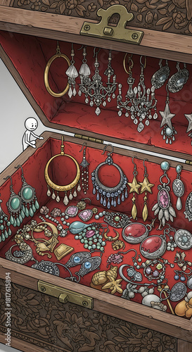 Wallpaper Mural Open ornate wooden jewelry chest brimming with sparkling vintage and antique earrings, rings, and diverse treasures on red velvet. Torontodigital.ca