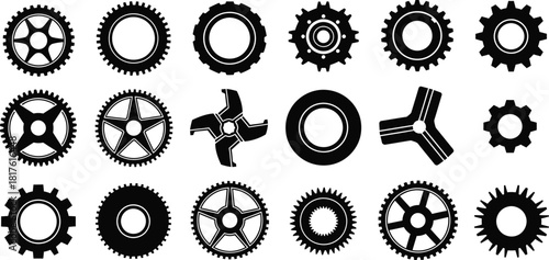 Collection of various gear wheels and cogs in black silhouette