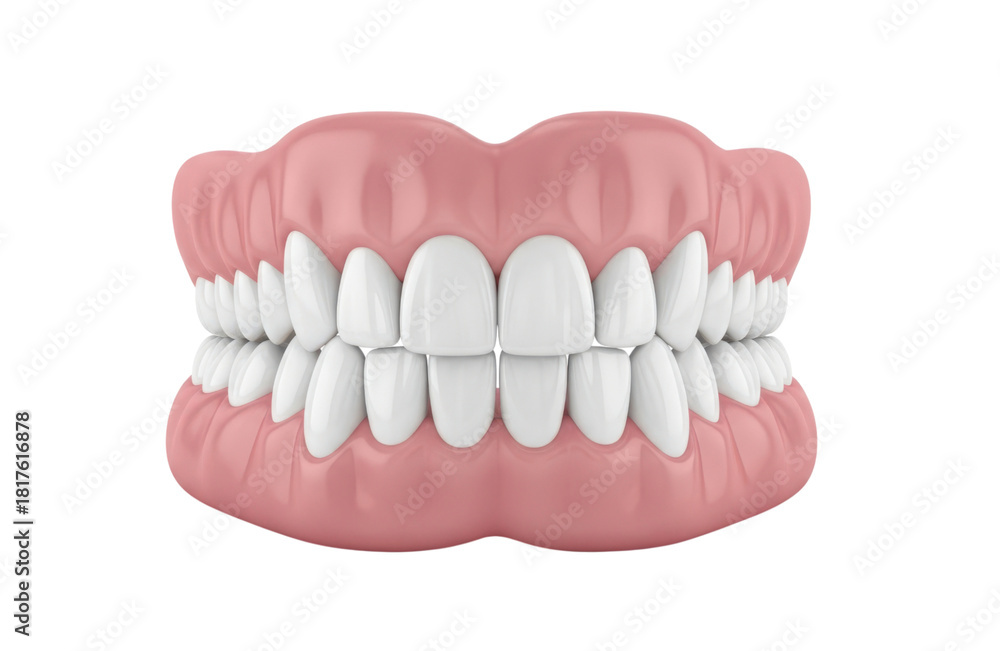 Obraz premium Realistic 3d rendering of a full set of upper and lower dentures showing perfectly aligned white teeth against a pink gum base, isolated on transparent background