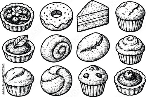 Hand-drawn bakery dessert illustration set featuring tarts, donuts, cake slices, muffins, swirl buns and assorted sweet pastry items