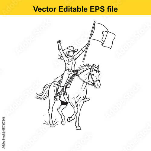Cowgirl on horse holding flag, vector editable eps file, isolated on
