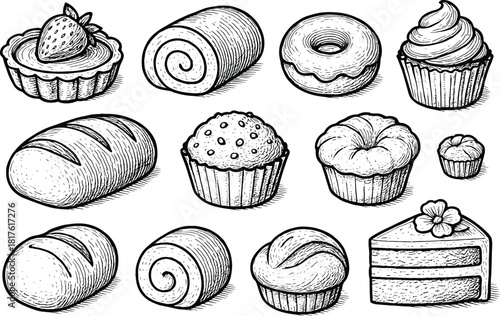 Hand drawn bakery dessert and pastry collection featuring cakes, muffins, donuts, rolls and sweet treats in vintage sketch style