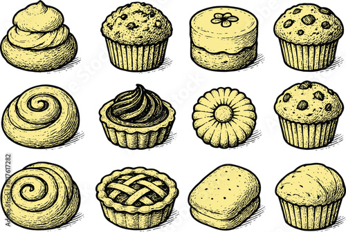 Colored vintage bakery dessert collection featuring muffins, cupcakes, swirl buns, fruit tarts, lattice pies, cakes and sweet pastries