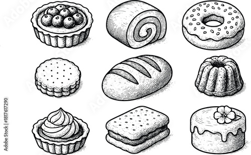 Hand drawn bakery dessert and pastry illustration set featuring cakes, donuts, tarts, bread, cookies, and sweet treats in vintage style