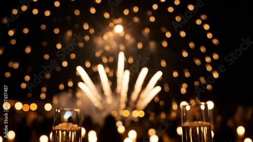Celebration champagne glasses at fireworks show for New Year Eve and special occasion toast