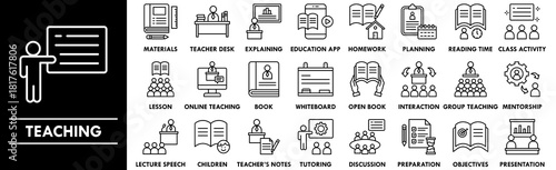 Teaching outline icon collection set. Containing design education, school, teaching, study, knowledge