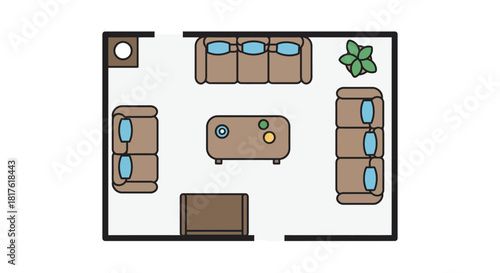living room layout plan for interior design projects showcasing furniture arrangement including a sofa chairs coffee table and tv stand.