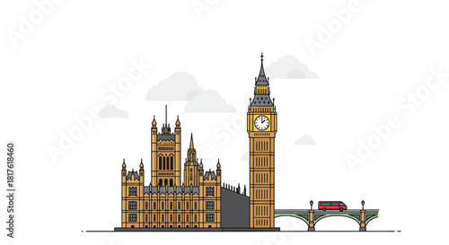 london skyline illustration city landmarks including big ben and houses of parliament evoking travel and cultural tourism perfect for posters.
