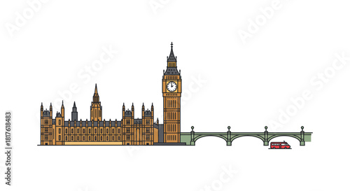london skyline illustration with westminster bridge and big ben on the thames river for travel blogs and tourism promotions iconic landmarks uk