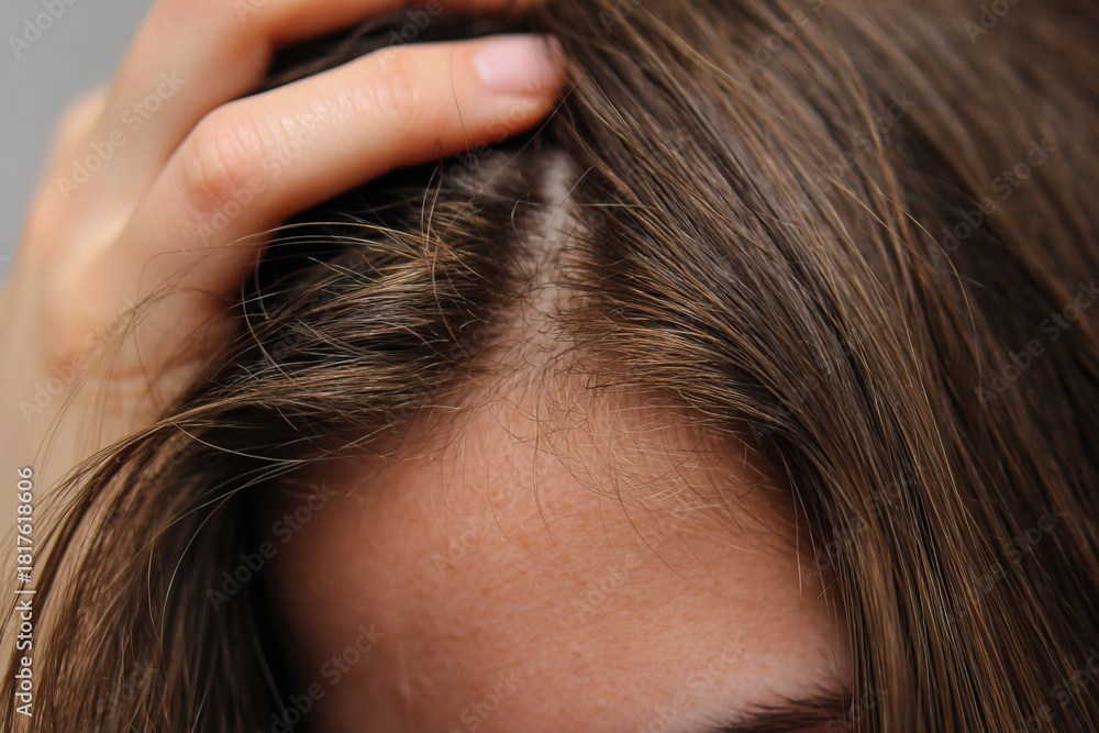 Obraz premium Woman scratching scalp feeling itching and discomfort