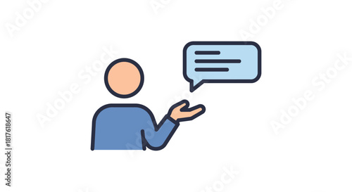 Person explaining ideas with a speech bubble presenting concepts for business training materials or communication technology promotion.