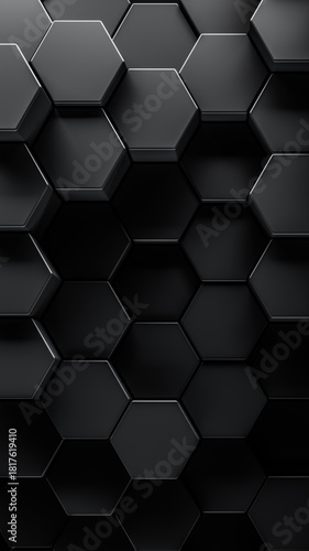 3d render of geometric tech pattern or dark abstract hexagon background. Smooth black honeycomb shapes for dark shadowy backgrounds.